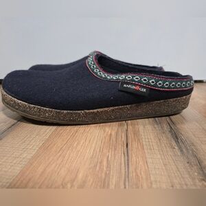 Haflinger Dark Blue Wool Clogs with Geometric Trim